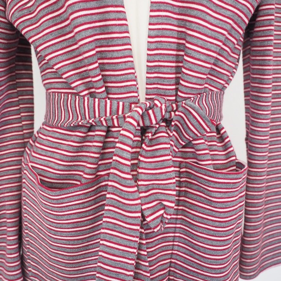 70s Vintage Cardigan Jacket Red and Gray Striped With Matching Belt Size Medium - Picture 2 of 9